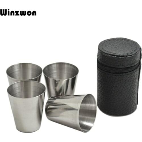4Pcs/Set 30ML Stainless Steel Polished Wine Drinking Shot Glasses Cup With Leather Cover Case Bag Barware For Home Kitchen Bar
