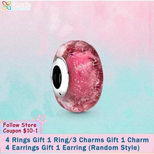 Smuxin 925 Sterling Silver Beads Wavy Fancy Pink Murano Glass Charms fit Original Pandora Bracelets for Women Jewelry Making