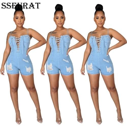 SSEURAT 2021 New Women Summer Denim Spaghetti Strap Playsuit Fashion Vintage Romper Jeans Jumpsuit