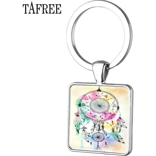 TAFREE Horrible Dreamcatcher Keychains a ring containing a decorated net picture Square Key Chains Silver Plated Jewelry DH39