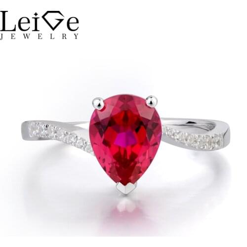 Leige Jewelry Ruby Ring Anniversary Ring July Birthstone Pear Cut Red Gemstone 925 Sterling Silver Ring Water Drop Shape Stone