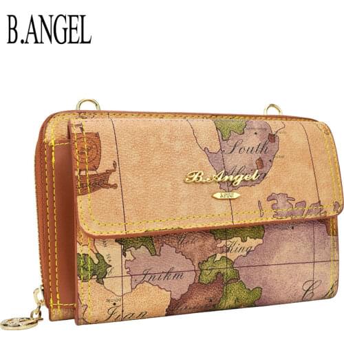 Vintage Ladies Messenger Bag Wallet Mobile Phone Shoulder Bag World Map Leather Clutch Bag Long Wallet Mobile Credit Card Wallet
