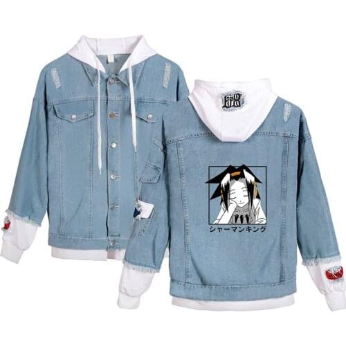 Japan Anime Shaman King Cool Denim Jacket Men Women Long Sleeve Fake Two Pieces Jean-Jackets Harajuku Hoodies Streetwear Clothes