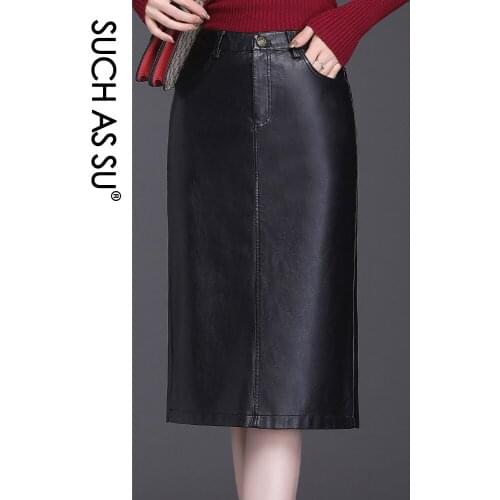 SUCH AS SU Autumn Winter PU Leather Skirts 2020 Black Office Lady Mid-Calf Skirt S-3XL Size Women Sexy Pencil High Waist Skirt