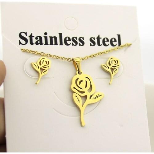 1 Set Flower Stainless Steel Jewelry Set Charms Cute Rose Necklace Earrings Jewellry Set Women Kids Girls Love Gifts