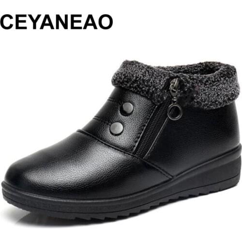 CEYANEAO New Winter Mom Cotton Shoes warm Middle-aged Women Boots High Quality PU Soft Leather Shoes Women Snow Boots WinterBoot