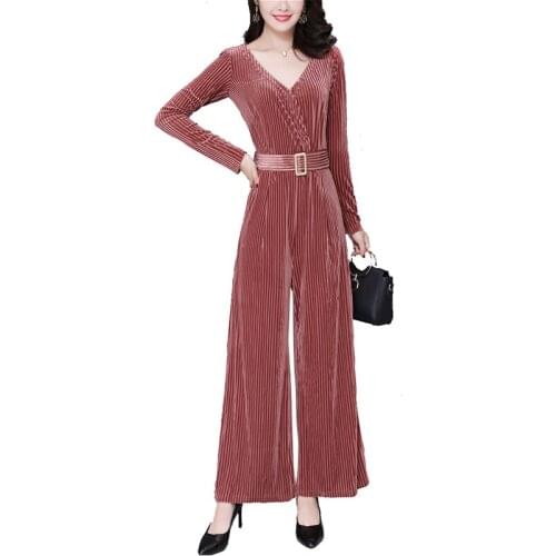 Spring Long-sleeved V-neck gold velvet jumpsuit stripes slim high waist hanging hooded wide-leg trousers suit womens autumn