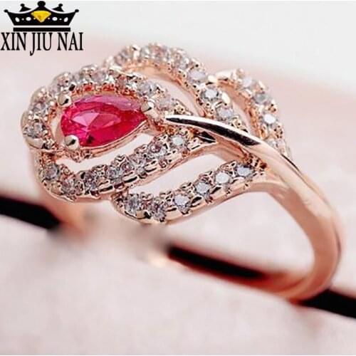 Luxury Crystal Rose Red Leaf gemstone ruby Ring Korean Female Silver Gold Color Bands Jewelry Promise For Women silver 925 ring
