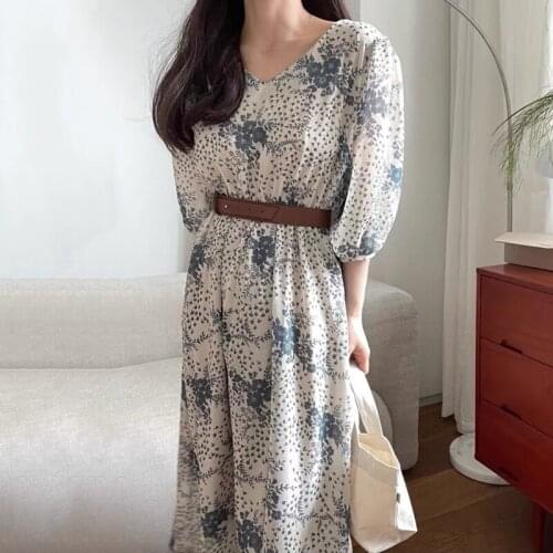 2021 Summer Women Chiffon Dress Print Floral V-Neck Bubble Sleeve Dress Elegant High Waist Office Lady Dresses Vestido 14535