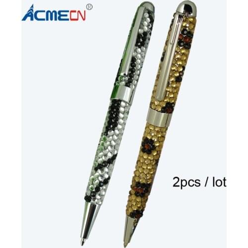 ACMECN 2pcs / lot Jewellory Promotion Logo Pen Unique Design Brand Pens Popular Fashion Rhinestone Ballpoint Pen Office Writing