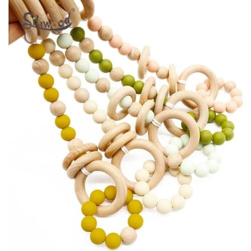 Wooden Play Gym Teether Hanging Silicone Beads Beech Baby Toys Rattle Stroller Accessories Safe Teething Nursing Newbron Gift