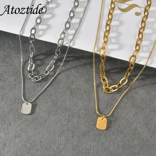 Atoztide Double Layer Square Letter Pendant Necklace Stainless Steel Simple Fassion Jewelry For Women Girl Jewerly Gift