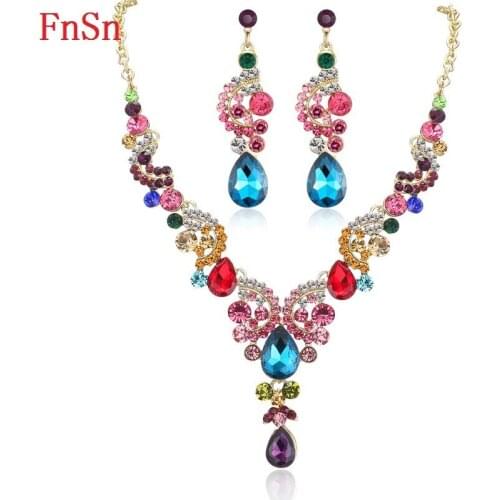 Fnsn Hot New Jewelry Sets Crystal Chokers Necklace set Colorful Rhinestone Wedding Jewelry Gift For Women Brides Prom Party S130