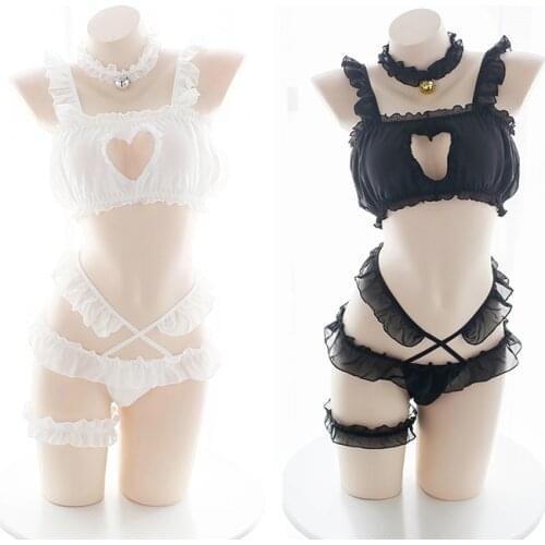 Sexy Heart Hollow Out Women Lingerie Set Lolita Bra Intimates Anime Cosplay Costume Transparent Underwear Bra and Panty Set