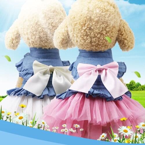 Puppy Costume Jeans Lace Dog Dress Summer Pet Dog Princess Tutu Clothes Sweetly Princess Teddy Bow Knot Dress For Small Dog
