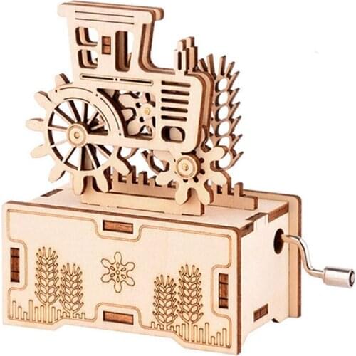 Creative DIY Tractor Wooden Hand Crank Music Box Building Kits Assembly Toy Gift for Children Adult