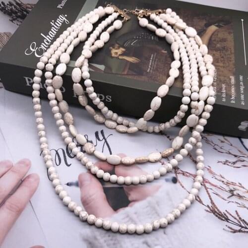 Statement Chunky Layers Necklace Collier Collar Marble Stone White Pendant Jewelry For Women