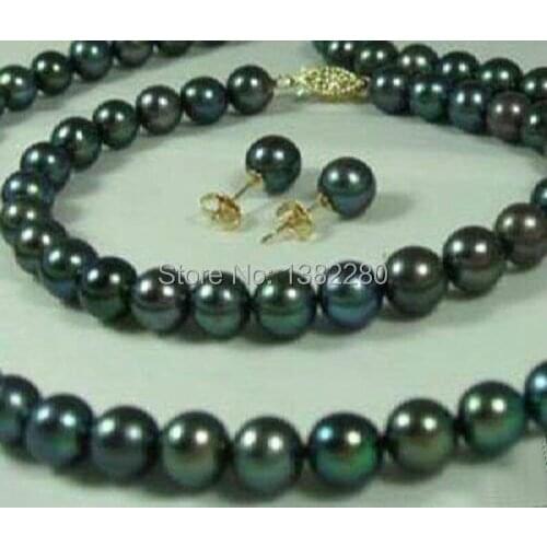 Fashion DIY jewelry 8-9mm Black Natural Pearl Necklaces Bracelets Earrings Set 2piece/lot fashion jewelry JT5701