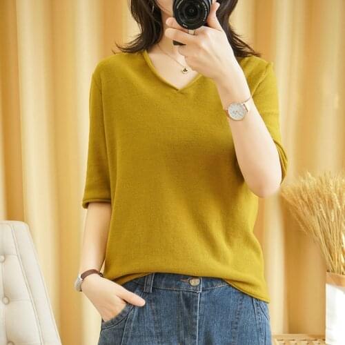 Fashion All-Match 100% Cotton Knitted Short-Sleeved Sweater Women V-Neck Loose Large Size T-Shirt Thin Section Summer Jumper