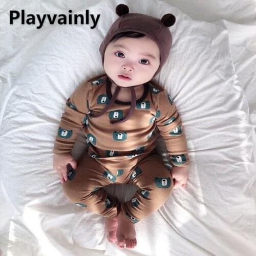 2021 Korean Style New Autumn Kids Girls Boys Pajamas 3-pcs Sets Cartoon Bear Top + Pants + Cap Cute Baby Newborn Clothes E113