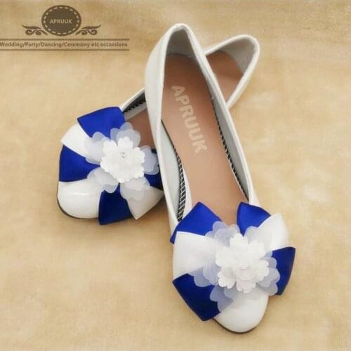 Size 35-40 blue satin bow white flower sweet womens party shoes 3cm small low heel ladies girls ceremony parties shoes