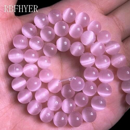 RBFHYER Round Light pink Cats Eye Stone Glass Spacers Loose beads DIY Charm bracelets necklace Jewelry making 4/6/8/10/12MM
