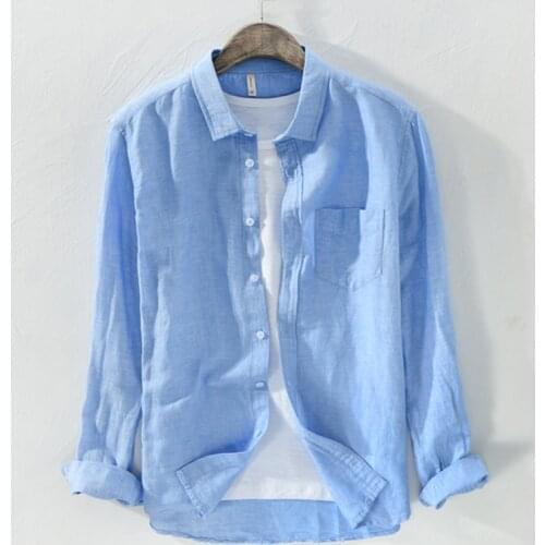 High quality 2019 New Spring Autumn mens long sleeve linen shirts solid color casual cotton mens shirts fashion slim male tops