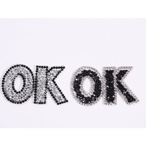 Letter OK Hot fix Rhinestone Iron on Crystal Patch Badage Children Women Clothes Bride Wedding Dress Accessories Applique