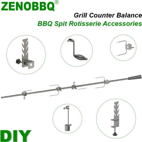 ZENOBBQ Grill Counter Balance Weight Rotisserie Skewers Kebab Accessories Kit BBQ Spit Rotisserie Bracket Chicken Fork Handle