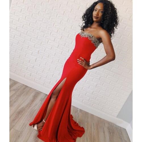 Spandex Red Mermaid Prom Dresses Sleeveless Strapless Court Train Beaded Formal Evening Party Gowns Robe De Soire