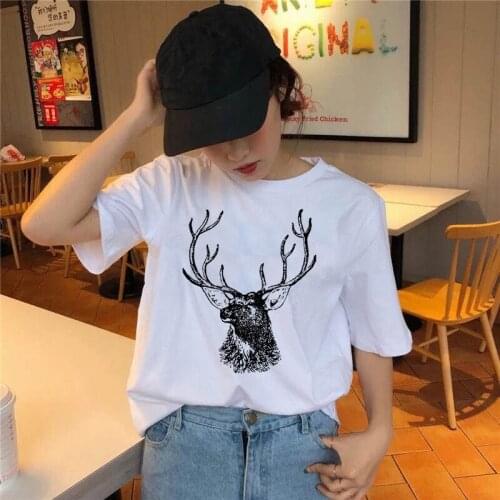 Women Graphic tees tops Cartoon Sika deer head print tshirt funny tshirt fashion Korean trend white top female Tshirt