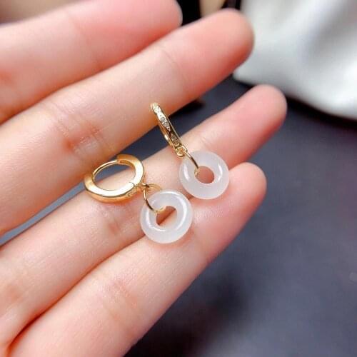 Exquisite white Jade earring for women ornament real 925 silver gold plated special design natural jade party gift luckstone