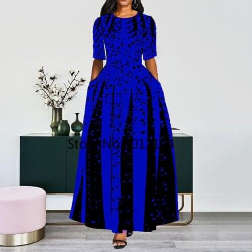 Fashion Women Red Half Sleeve Elegant Round Neck Boho Bandage Print Long Midi Dress Ladies Casual Slim Ladies Dress