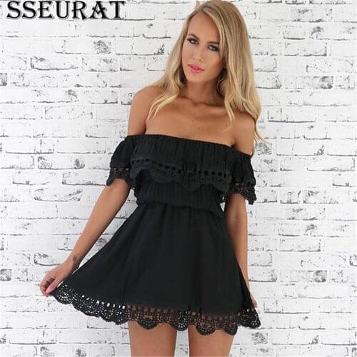 SSEURAT Womens Summer Sexy Off Shoulder Pure Color Dress Lace Splicing Elastic-waist Beach Dress