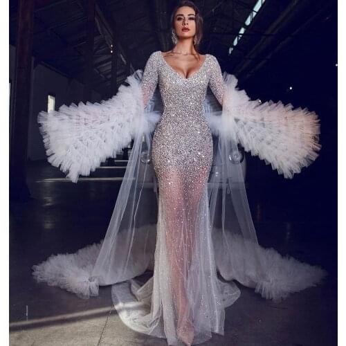 Hot Sale Tulle Crystals Evening Dress Sequined Tulle Sexy Shawl Prom Gown Exquisite V-neck Formal DressVestido De Festa