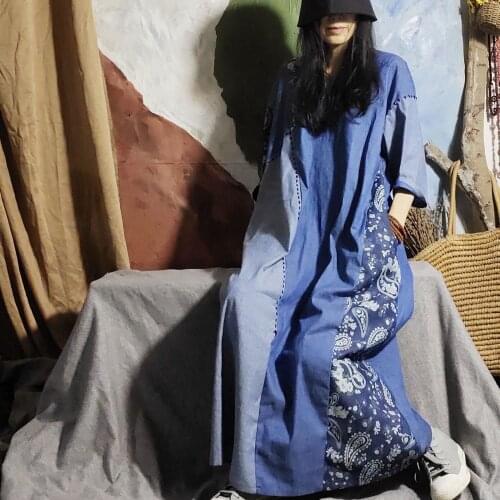 Women Summer Patchwork Dress Ladies Summer Retro Spliced Loose Dresses Female Vintage Dress 2021