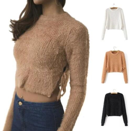 Winter Womens Sweater Knitted Pullover Lace On Both Sides Mohair Sweaters Female Sexy Exposed Lumbar Pullover Sweater Women