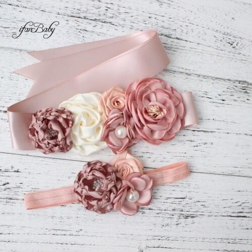 Fashion Burn flower Belt Girl Woman Sash Belt Wedding Sashes belt with flower headband 1 SET