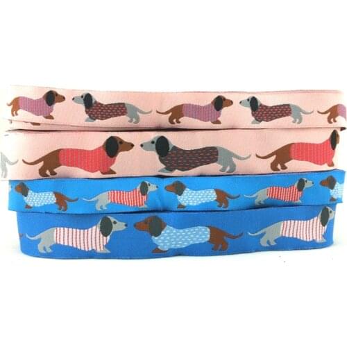2014 NEW wholesale 5/8"+7/8"(16mm+22mm 40yards/lots) Woven Jacquard Ribbon with sausage dog in pyjamas For Dog Collar
