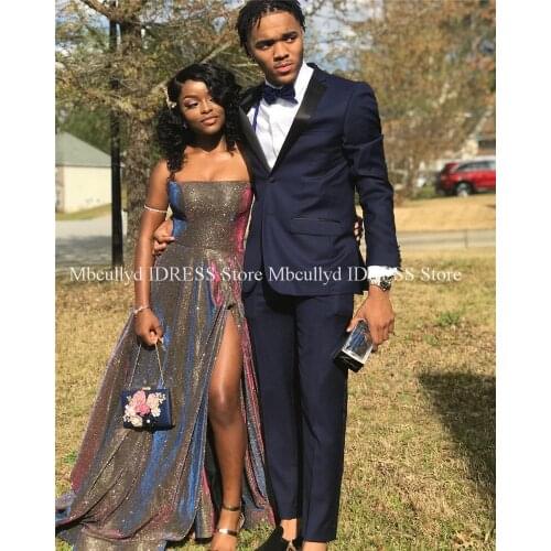 Boat Neck Backless A-line Purple African Prom Dresses 2019 Sparkly Sequin Long Black Girls Graduation Gala Dress With High Split