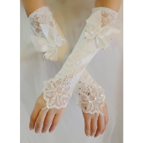 Butterfly Wedding Dress Accessories Bridal Satin White Bridesmaid Cheongsam Gloves Fingerless New Long Lace