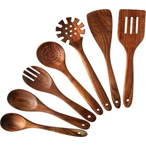 Wooden Kitchen Cooking Utensils, 7 Pcs Wooden Spoons and Spatula for Cooking Cookware for Kitchen Decor