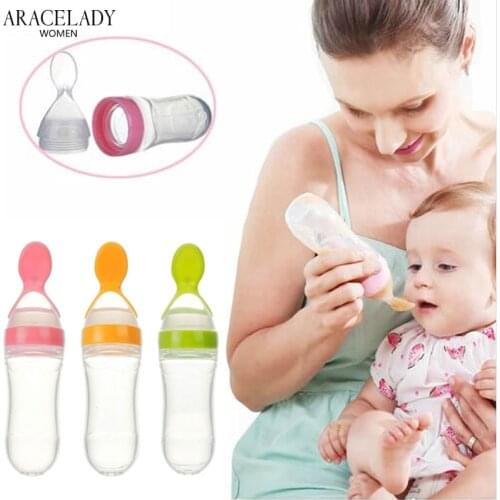 90 ml Newborn Bebe Cereal Food Supplement Feeder Safe Tableware Tools Baby Squeezing Feeding Bottle Silicone Training Rice Spoon