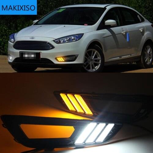 2PCS LED Daytime Running Light For Ford Focus 3 MK3 2015 2016 2017 2018 Yellow Turn Signal Function Waterproof 12V Car DRL Lamp