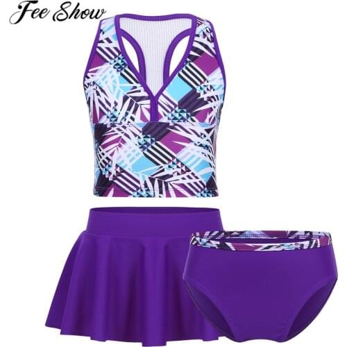 FEESHOW Kids Teens Purple Tankini Swimsuit Girls Swimwear Bathing Suit Plaid Crop Top with Bottoms Skirt Children Bikini Set