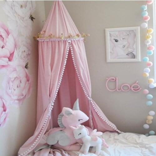 Cotton Kid Baby Bed Canopy Bedcover Mosquito Net Curtain Bedding Fur Ball Round Dome Tent Mosquito Net