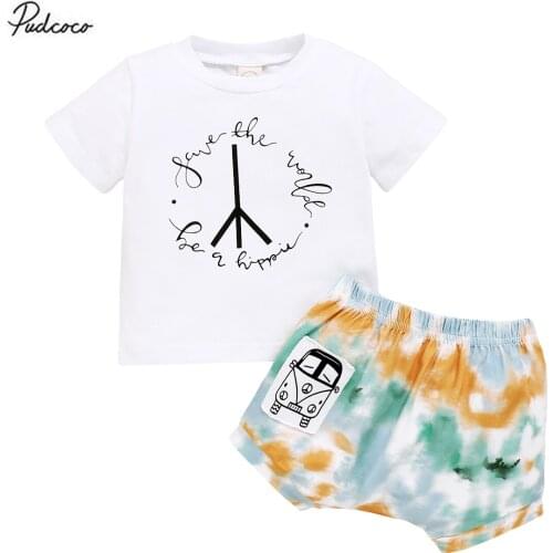 Infant Kids Baby Boy’s Clothes Set Cotton Short-sleeved Suit White Round Neck T-shirt and Fashion Tie-dye Short 2Pcs Set