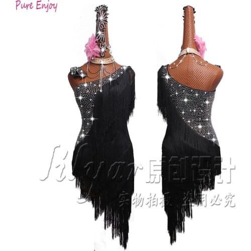 Latin dance dress competition dress black shoulder skirt shiny latin dance rumba dance competition tassel dress black blue