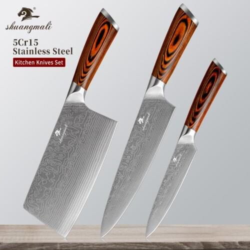 Shuangmali 3PCS Kitchen Chef Knife Set High Carbon 5Cr15 Steel Utility Slicing Knife Pakka Wood Handle Fillet Cleaver Chef Knife