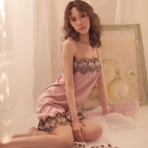 Yhotmeng new sexy woman sleepwear strap nightdress ice silk flower halter transparent thin nightdress set